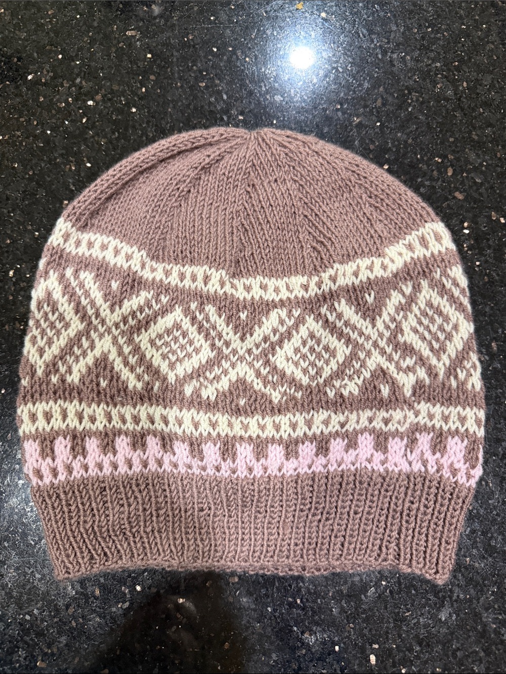 Handknit Fair Isle Beanie in Mauve, Cream & Pale Pink